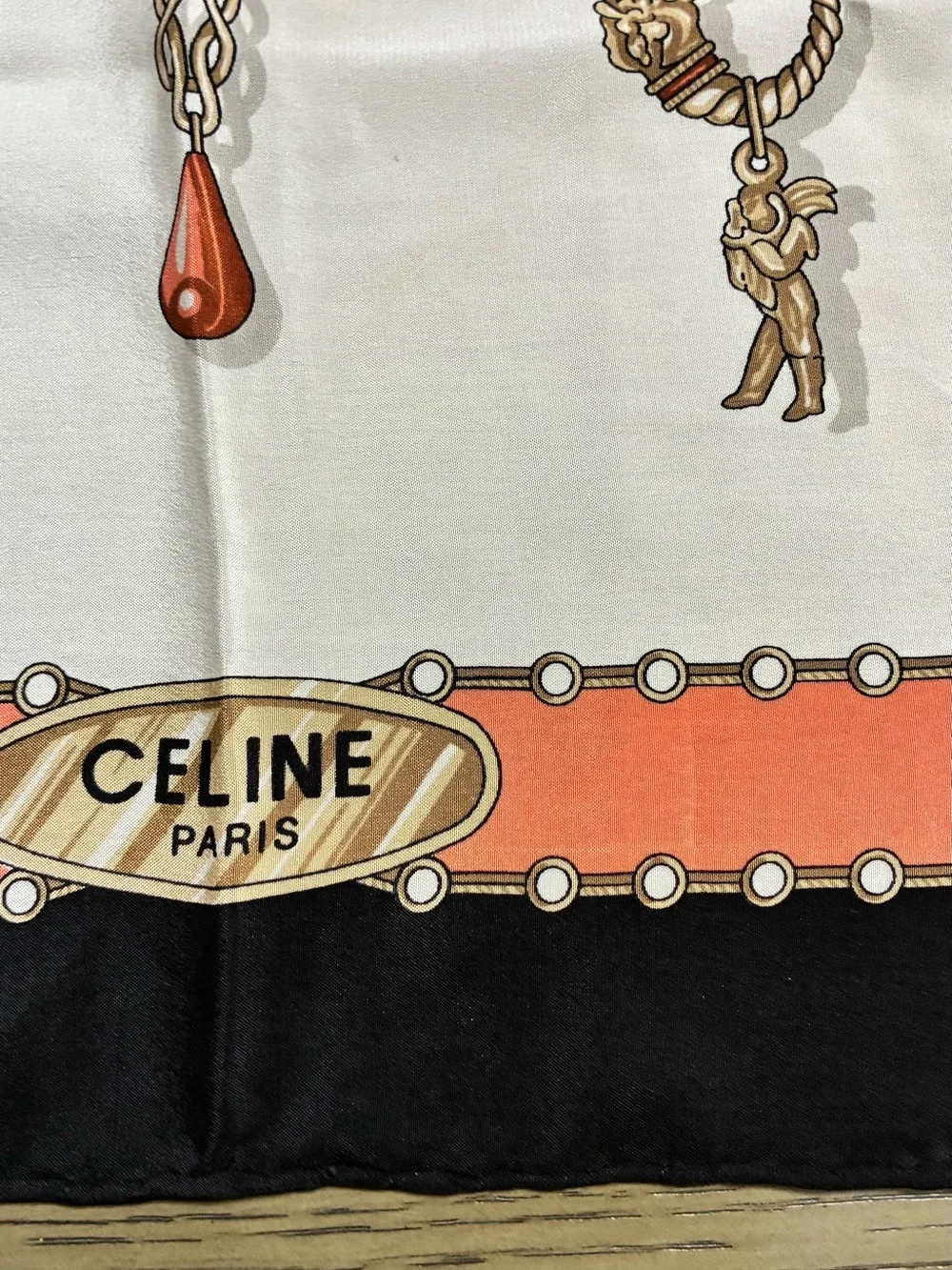 Celine Ivory Silk Scarf with Coral and Green Jewelry Motif